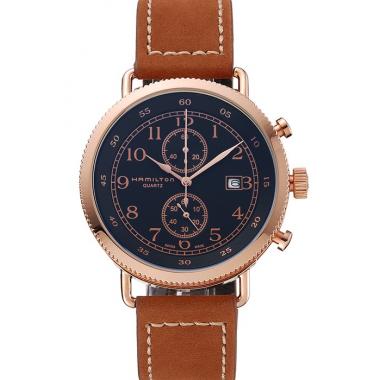 Hamilton Navy Pioneer Chrono Black Dial Rose Gold Case Brown Leather Strap Replica