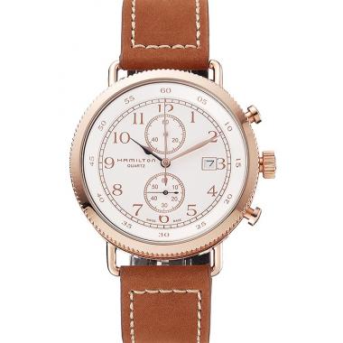 Replica Hamilton Navy Pioneer Chrono White Dial Rose Gold Case Brown Leather Strap