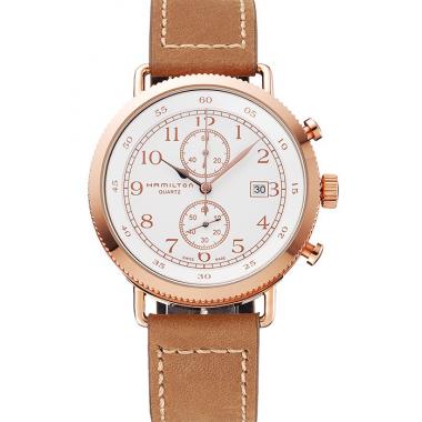 Hamilton Navy Pioneer Chrono White Dial Rose Gold Case Light Brown Leather Strap Replica