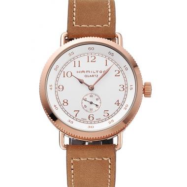 Hamilton Navy Pioneer Small Second White Dial Rose Gold Case Light Brown Leather Strap