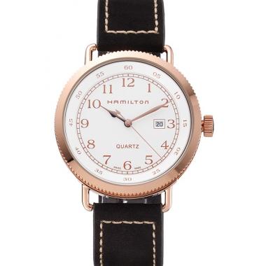 Hamilton Navy Pioneer White Dial Rose Gold Case Black Leather Strap