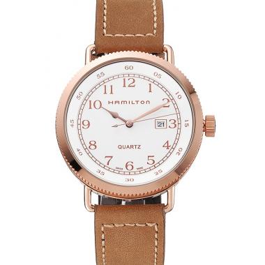 Hamilton Navy Pioneer White Dial Rose Gold Case Light Brown Leather Strap