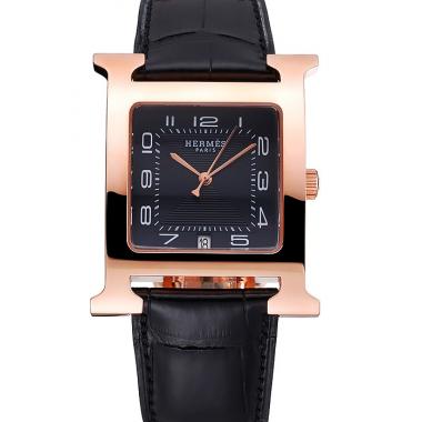 Hermes Heure H Black Dial Gold Case Black Leather Strap