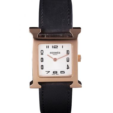 Replica Hermes Heure H Rose Gold Bezel Black Leather Strap White Dial 80235