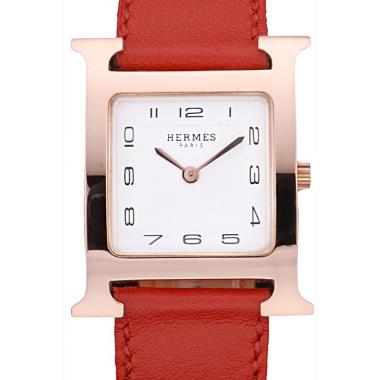 Hermes Heure H Rose Gold Bezel Red Leather Strap White Dial 80233