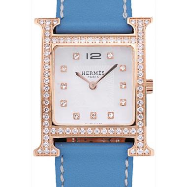 Hermes Heure H Rose Gold Diamond Encrusted Bezel Blue Leather Strap White Dial 80238