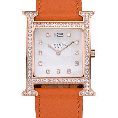 Replica Hermes Heure H Rose Gold Diamond Encrusted Bezel Orange Leather Strap White Dial 80237