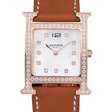 Hermes Heure H Rose Gold Diamond Encrusted Bezel Tan Leather Strap White Dial 80236