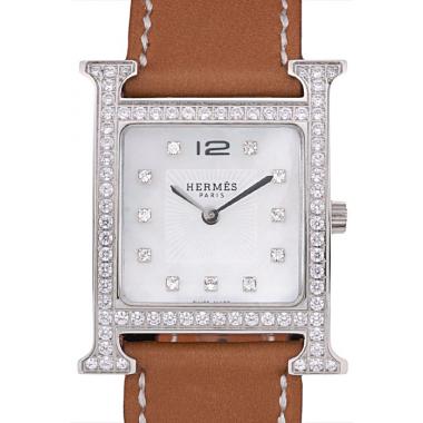 Hermes Heure H Stainless Steel Diamond Encrusted Bezel Tan Leather Strap White Dial 80232