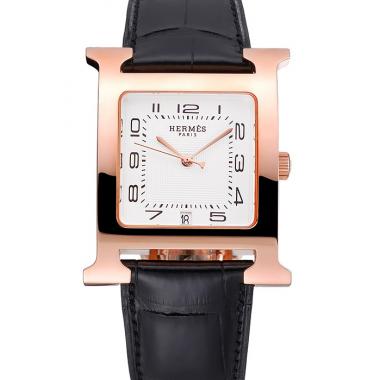 Hermes Heure H White Dial Gold Case Black Leather Strap Replica