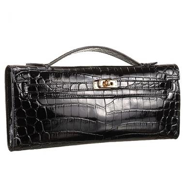 Hermes Kelly Longue Clutch Crocodile Leather Black  608165