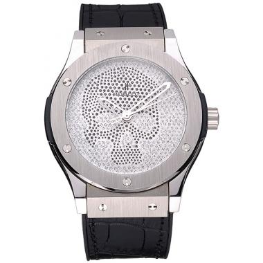 Hublot  Fusion Diamond Skull Dial Stainless Steel Case Black Leather Strap  622814