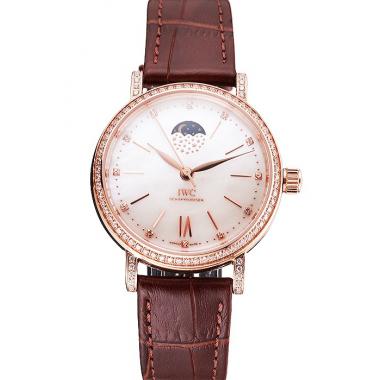 IWC Portofino Moon Phase Silver Dial Rose Gold Case Diamonds Bezel Brown Leather Strap