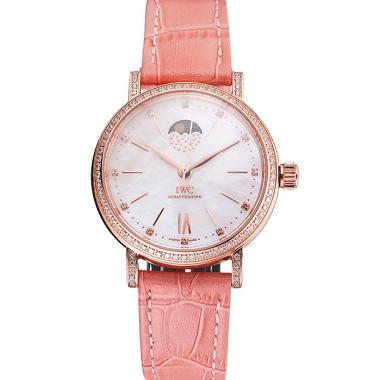 IWC Portofino Moon Phase Silver Dial Rose Gold Case Diamonds Bezel Pink Leather Strap