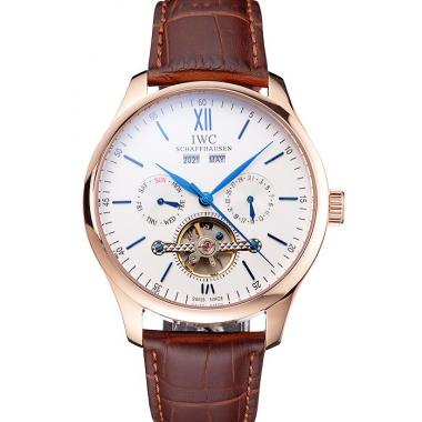 IWC Portofino Tourbillon White Dial Blue Markings Rose Gold Case Brown Leather Strap