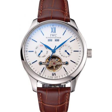 IWC Portofino Tourbillon White Dial Blue Markings Stainless Steel Case Brown Leather Strap