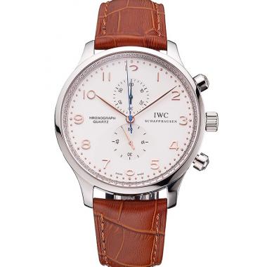 IWC Portugieser Chronograph White Dial Rose Gold Hands And Numerals Stainless Steel Case Brown Leather Strap Replica