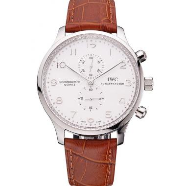 IWC Portugieser Chronograph White Dial Steel Hands And Numerals Stainless Steel Case Brown Leather Strap Replica