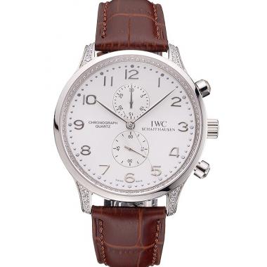 Replica IWC Portugieser Chronograph White Dial Steel Hands And Numerals Steel Case With Diamonds Brown Leather Strap