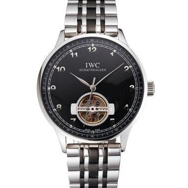 Replica IWC Portugieser Tourbillon Black Dial Stainless Steel Case Two Tone Black Steel Bracelet