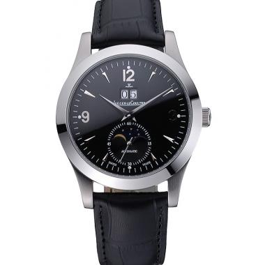 Jaeger LeCoultre Master Black Dial Black Leather Band Stainless Steel Bezel  622079 Replica