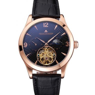 Cheap Jaeger LeCoultre Master Moonphase Tourbillon Black Dial Rose Gold Case Black Leather Strap