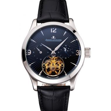 Jaeger LeCoultre Master Moonphase Tourbillon Black Dial Stainless Steel Case Black Leather Strap Replica