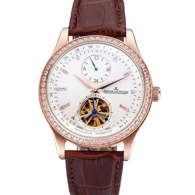 Replica Jaeger-LeCoultre Master Tourbillon Dualtime White Dial Gold Case With Diamonds Brown Leather Strap  622782