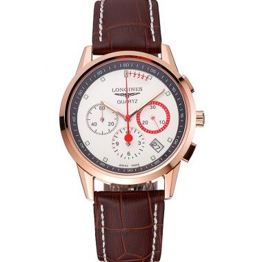 Longines Column Wheel White Dial Gold Case Brown Leather Strap Replica