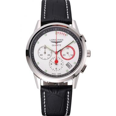 Longines Column Wheel White Dial Silver Stainless Steel Case Black Leather Strap