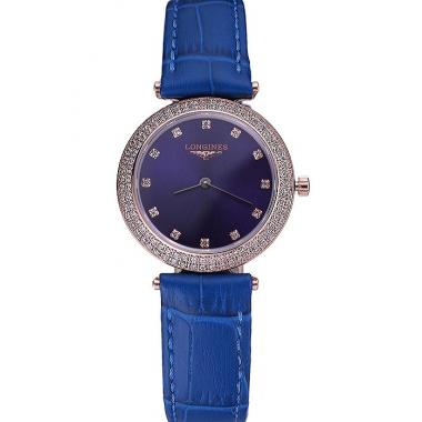 Replica Longines La Grande Classique Blue Round Dial Diamond Case Diamond Numerals Blue Leather Band  622386