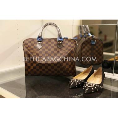 Louis Vuitton Genuine Leather Checker Pattern Brown Handbag Travelling Bag Replica