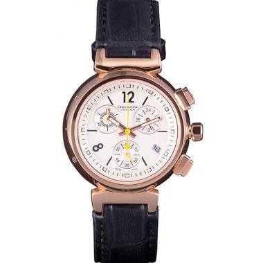 Louis Vuitton Tambour Black Leather Bracelet White Dial 801418 Replica