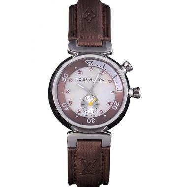 Replica Louis Vuitton Tambour Brown Leather Bracelet White Dial 801420