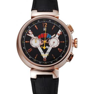 Cheap Louis Vuitton Tambour LV Cup Regate Black and White Dial Rose Gold Case Black Leather Strap