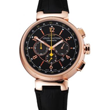 Cheap Louis Vuitton Tambour LV277 Chronograph Black Dial Rose Gold Case Black Leather Strap