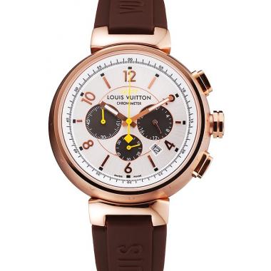 Louis Vuitton Tambour LV277 Chronograph White Dial Rose Gold Case Brown Rubber Strap