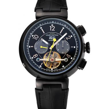 Cheap Louis Vuitton Tambour LV277 Tourbillon Black Dial Black PVD Case Black Leather Strap