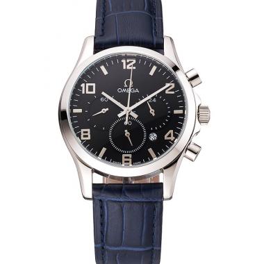 Omega Chronograph Black Dial Stainless Steel Case Blue Leather Strap