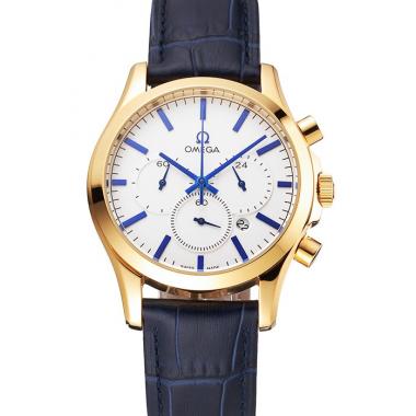 Cheap Omega Chronograph White Dial Gold Case Blue Leather Strap