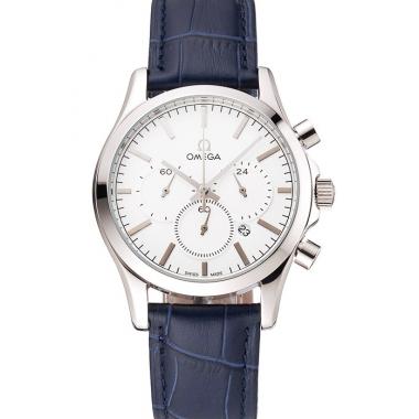 Omega Chronograph White Dial Stainless Steel Case Blue Leather Strap