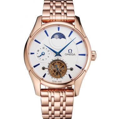 Omega De Ville Moonphase Tourbillon White Dial Blue Hands Rose Gold Case And Bracelet Replica