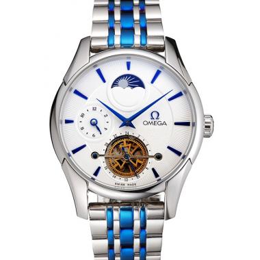 Omega De Ville Moonphase Tourbillon White Dial Stainless Steel Case Two Tone Steel Blue Bracelet