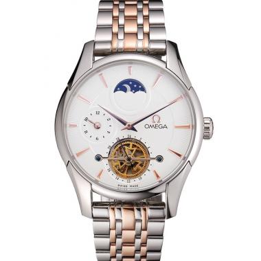 Cheap Omega De Ville Moonphase Tourbillon White Dial Stainless Steel Case Two Tone Steel Rose Gold Bracelet