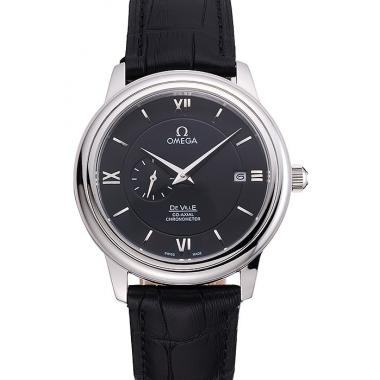 Omega De Ville Prestige Co-Axial Black Dial Silver Case Black Leather Strap Roman Numeral