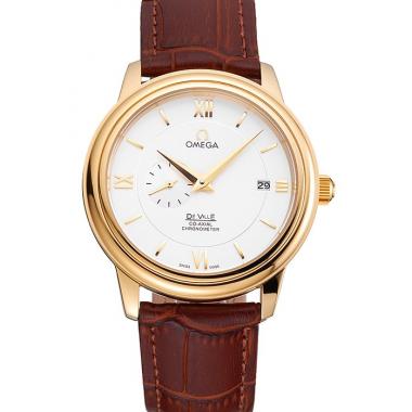 Omega De Ville Prestige Co-Axial White Dial Gold Case Brown Leather Strap Roman Numeral