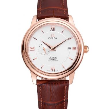 Omega De Ville Prestige Co-Axial White Dial Rose Gold Case Brown Leather Strap Roman Numeral Replica