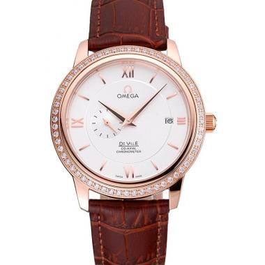 Omega De Ville Prestige Co-Axial White Dial Rose Gold Diamond Case Brown Leather Strap Roman Numeral Replica