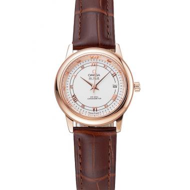 Omega De Ville Prestige Ladies White Dial Rose Gold Case Brown Leather Strap