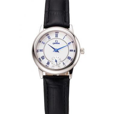 Omega De Ville Prestige Small Seconds White Dial Blue Numerals Stainless Steel Case Black Leather Strap